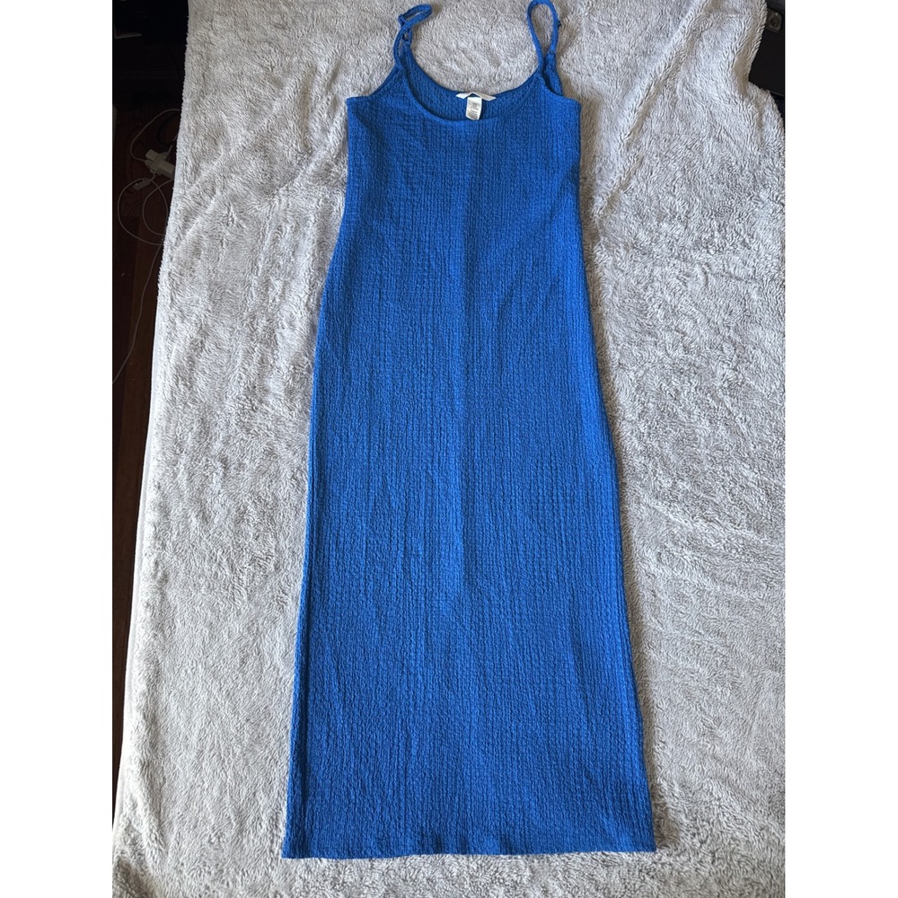HM Blue Crinkle Textured Maxi Dress Adjustable Spaghetti Strap Scoop Neck Medium